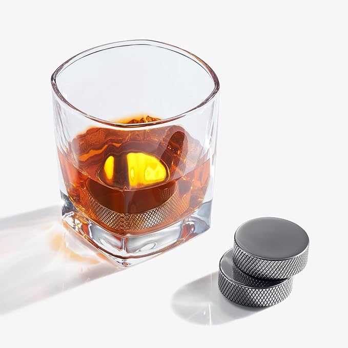 Hockey Puck Whiskey Stones Gift Set with 2 Glasses & Stick Tongs - 7pc Stainless Steel Chilling Rocks, Chill Non-Diluting Freezer Kit, Cool Hockey Gifts for Men, Him, Dad, N H L Gift Boyfriend & Fans