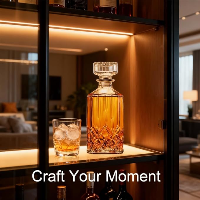 Whiskey Decanter with Airtight Geometric Stopper,32oz Liquor Decanter,Glass Decanter,Diaphanous Liquor Bottle,Decanter with Airtight Lid for Whiskey,Vodka,Bourbon,Scotch,Brandy,Wine
