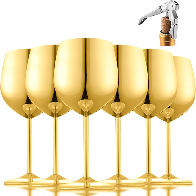 Stainless Steel Wine Glasses, Unbreakable Gold Wine Glass 18 oz Unique Metal Wine Goblets for Outdoor, Travel, Camping, Pool, Ideal Gift for Wine Lovers (6 Cups + 1 Bottle Opener)