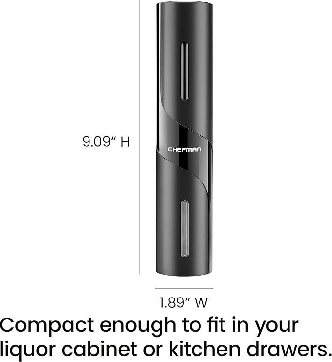 Chefman Electric Wine Opener Makes Opening Bottles Fast, Foolproof, And Fun! Black, Battery-Operated 4-Piece Corkscrew Set Comes With A Foil Cutter, Pourer, And Vacuum Stopper