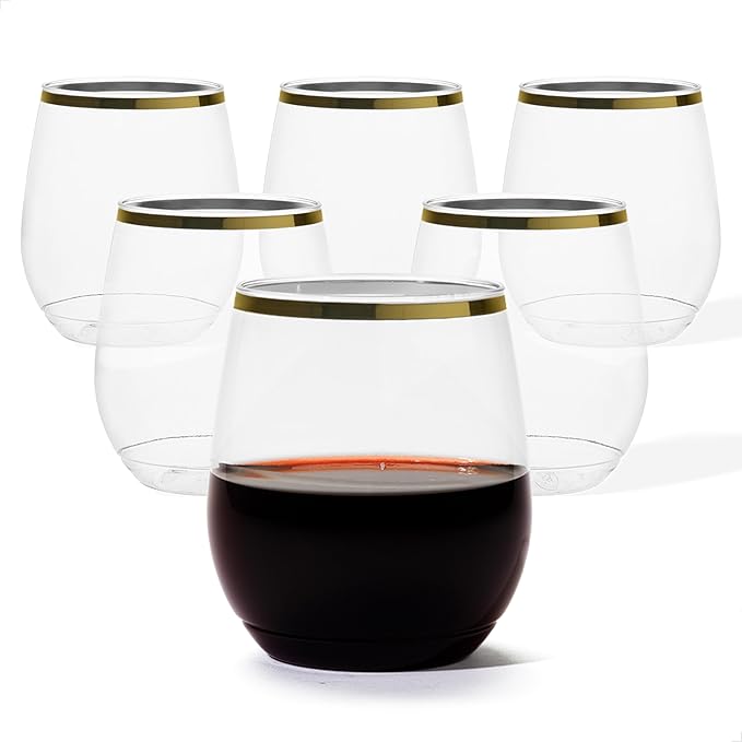 TOSSWARE POP 14oz Stemless Gold Rim Wine Glass Set of 48, Premium Quality, Recyclable, Unbreakable & Crystal Clear Plastic Wine Glasses
