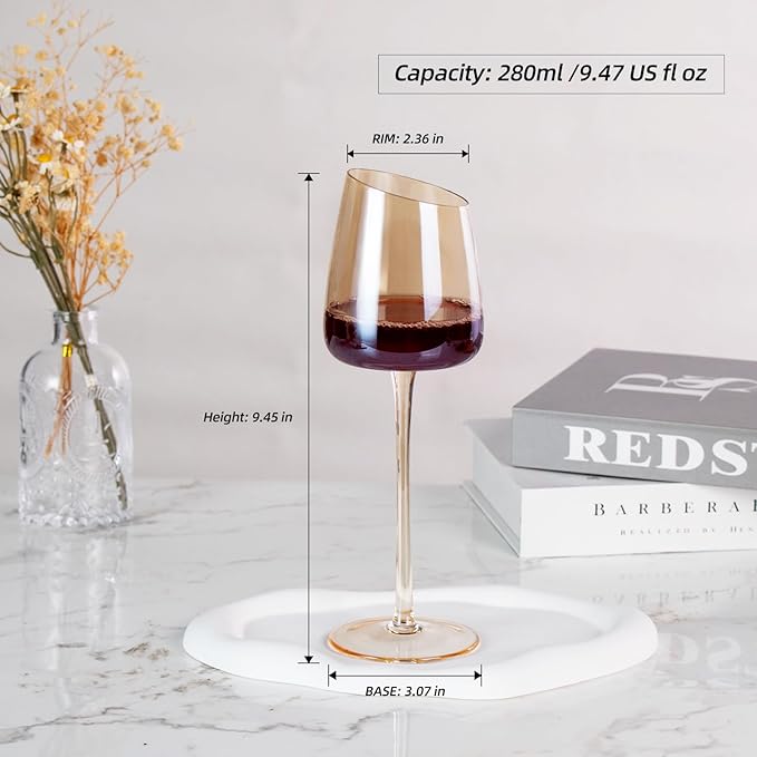 KAMMAK Wine Glasses Set of 2, 9.47 oz Hand Blown Crystal Bordeaux Wine Glasses, Thin Rim & Long Stem, Perfect for Red & White, Daily Use, Wedding or Birthday Gift with Gift Box, XH-H240 Amber