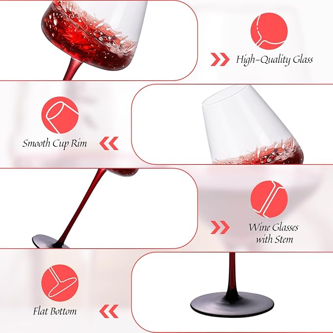 KAMMAK Wine Glasses Set of 2, 19.61 oz Hand Blown Crystal Bordeaux Wine Glasses, Thin Rim & Long Stem, Perfect for Red & White, Daily Use, Wedding or Birthday Gift with Gift Box, XH-H280 Black Base