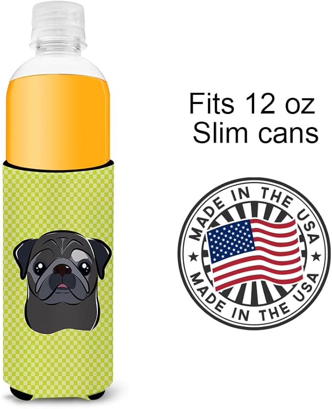 Checkerboard Lime Green Black Pug Ultra Beverage Insulators for slim cans BB1325MUK