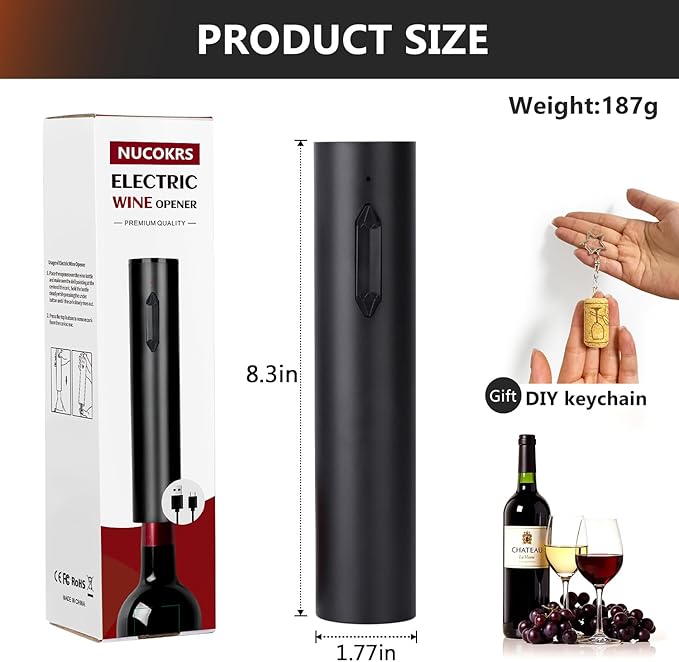 Electric Wine Opener – NUCOKRS Rechargeable Corkscrew with USB-C, One-Touch Automatic Cork Remover, Sleek Black Design Easy to Use for Home Kitchen Party Wedding Gifts