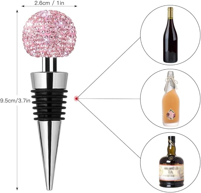 Soleebee Bling Decorative Wine Stoppers,Wine Bottle Stopper with Crystal Rhinestone, Beverage Bottle Stoppers for Gifts, Bar, Holiday Party, Wedding (Pink)