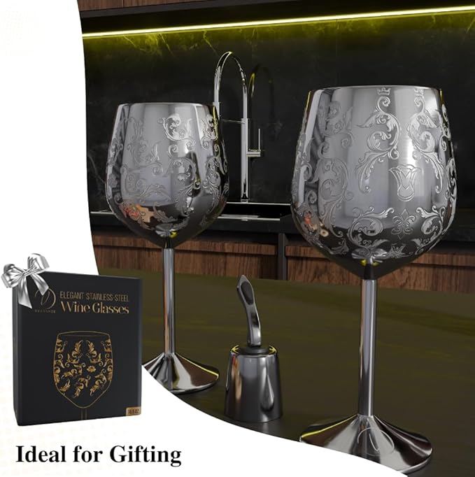Mother’s Day Gift for Mom – Set of 2 Silver Stainless Steel Wine Glasses, 17oz Engraved Goblets with Bottle Stopper, Unbreakable Elegant Wine Cups, Gift for Women, Wife, Mom, Sister