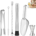 6Pcs Muddler for Cocktail Set - 304 Stainless Steel Muddler Cocktail Spoon Jigger Straw Cleaning Brush, Ice Scoop and Ice Tongs, Bar Accessories Tools for Mojitos, Lemonades, and Fruit Drinks