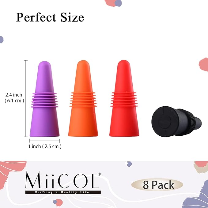 Miicol 8 Pack Silicone Wine Stoppers, Reusable Leak-Proof Bottle Stoppers for Wine, Champagne, Beverages, Multicolor Gift for Wine Lovers