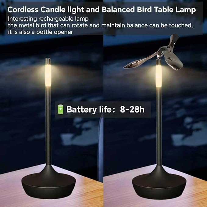 Cordless Table Lamp with Bottle Opener, Rechargeable LED with Funny Bird Corkscrew,Touch Dimmable Bedside for Restaurants and Dining Home Indoor/Outdoor，Children's gifts，Art Deco，Bar Accessories