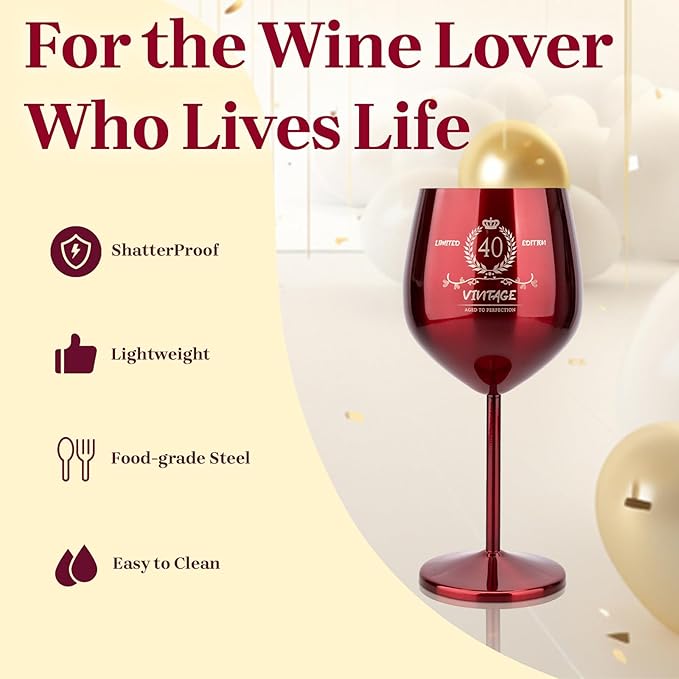 40th Birthday Gifts Wine Glass for Her Women, Stainless Steel Metal Unbreakable Decoration Glasses Red Cup 17oz with Vintage Print-Unique 40 Year Old Present for Mom Wife Sister Friend