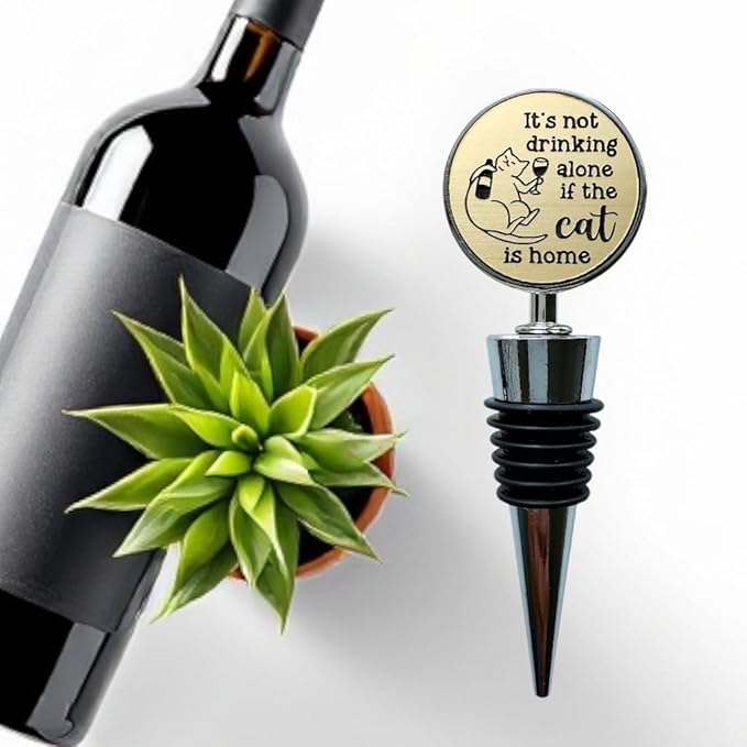 Jazzy Jade Designs Cat Wine Stopper - It’s Not Drinking Alone If the Cat is Home! Funny Wine Stopper 100% Food Grade Rubber Seal & Zinc Alloy, Laser Engraved in USA by a Small Business