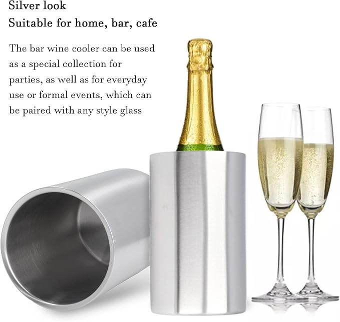 Wine Chiller, Stainless Steel Double Wall Wine Cooler Champagne Cooler Ice Bucket Fits Any Single Bottle for Parties