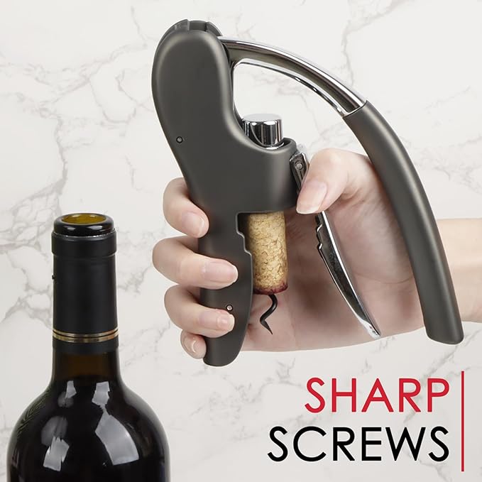 KAYCROWN Stainless Steel Wine Bottle Opener, Vertical Lever Corkscrew with Metal handle, Foil Cutter and Extra Spiral, Manual Handheld Corkscrew with Ergonomic Lever Pump(Grey)