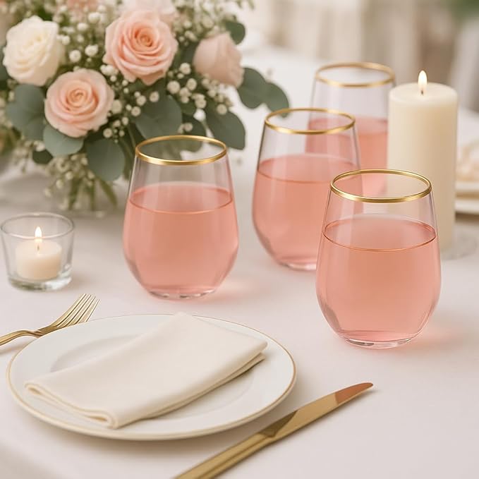 Oojami 40 Pack Diamond Stemless Plastic Wine Glasses 12 oz – Disposable Unbreakable BPA-Free Cups for Wedding Party Cocktail Whiskey Champagne, Indoor Outdoor Drinkware, Pink Matte Gold