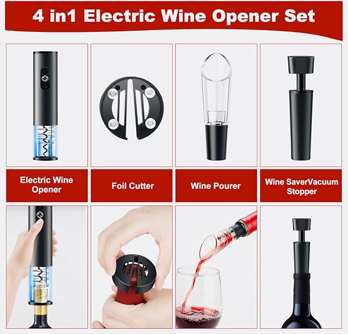 Electric Wine Opener Gift Set with Aerator & Pourer, Foil Cutter, Vacuum Preservation Stopper, Rechargeable, Wine accessories for Home and Bar.