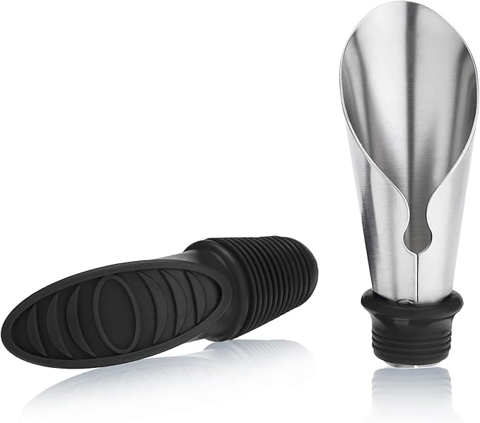 TRUE Duo Wine Pourer and Stopper, Bottle Sealer, Drip Free Pourer, Wine Cork Spout, 2-Piece Design, Silicone and Stainless Steel
