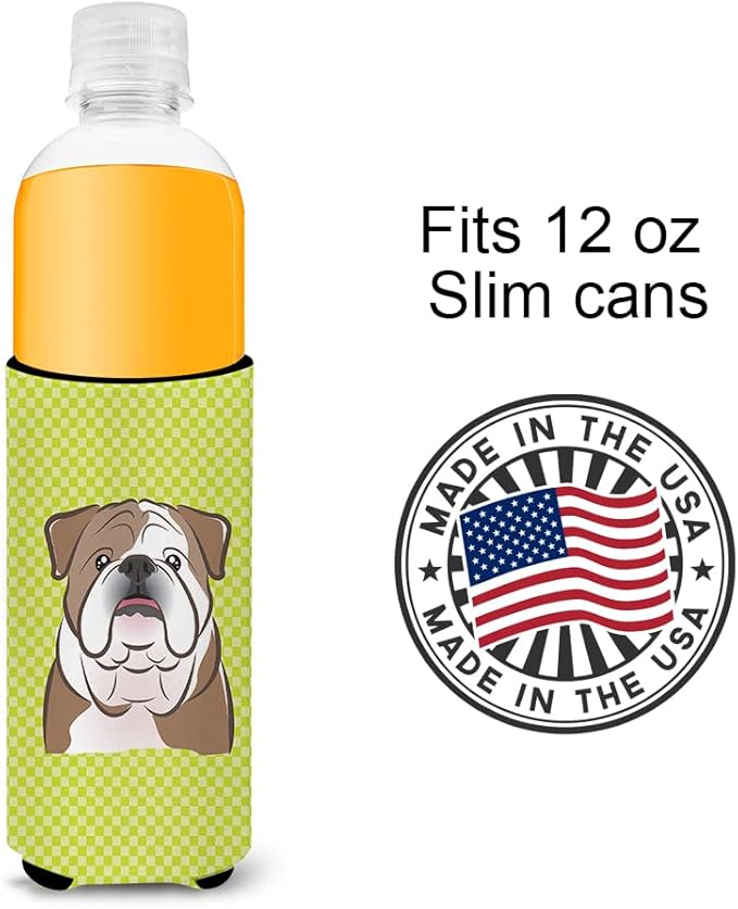 Checkerboard Lime Green English Bulldog Ultra Beverage Insulators for slim cans