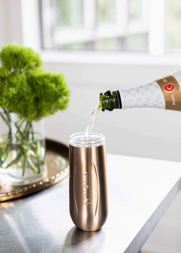 Vinglacé Champagne Bottle Chiller Gift Set- Portable Stainless Steel Sparkling Wine Cooler with 2 Stemless Champagne Flutes, Copper