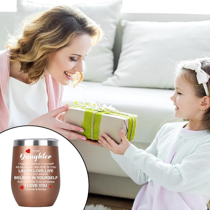 Daughter Graduation Gifts Insulated Wine Tumbler with Lid 12oz Birthday Gift for Daughters Inspirational Gifts for Daughter from Mom Dad To My Daughters Gift for Easter Basket Stuffers Rose Gold