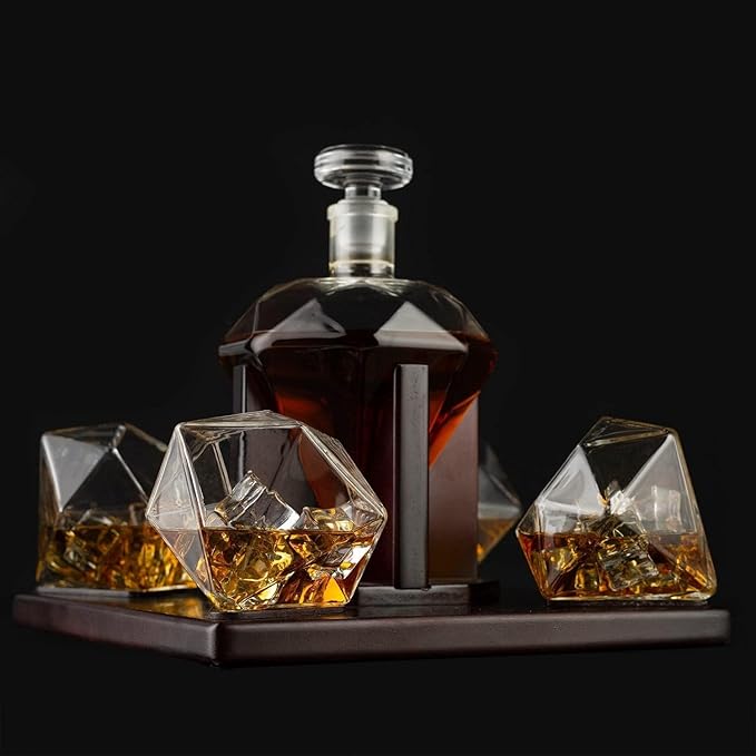 Luxury Diamond Whiskey Decanter Set with 4 Matching Glasses & Mahogany Wood Base - 750ml Hand-Blown Borosilicate Glass Liquor Dispenser for Bourbon & Scotch - Unique Home Bar Gift, Anniversaries Gifts