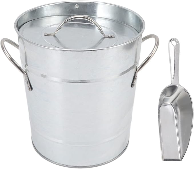 Round Ice Bucket with Ice Shovel, Bar Ice Tub Beer Chiller Bin, Double Wall Galvanized Sheet and Plastic Wine Storage Tub with Handle and Lid for Home Bar Party Use (Original Color)