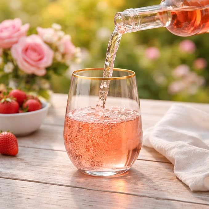 Oojami 40 Pack Diamond Stemless Plastic Wine Glasses 12 oz – Disposable Unbreakable BPA-Free Cups for Wedding Party Cocktail Whiskey Champagne, Indoor Outdoor Drinkware, Pink Matte Gold