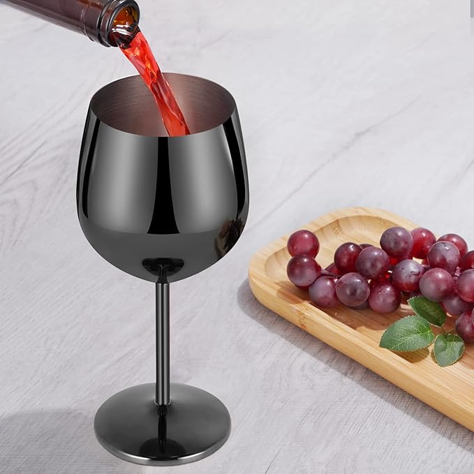 Lifecapido Stainless Steel Wine Glasses Set of 4, 18oz Stainless Steel Wine Goblets, Stemmed Metal Wine Glasses with Cup Brush for Party Office Anniversary, Great for Red White Wine (Grey Black)