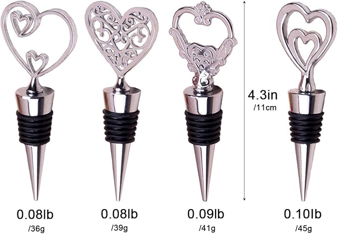 Love Wine Stoppers - Cute Heart Shaped Wine Stopper Decoration, Metal Zinc Alloy, Reusable (Set of 4)