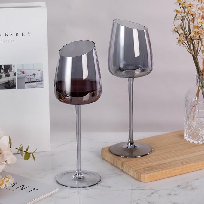 KAMMAK Wine Glasses Set of 2, 9.47 oz Hand Blown Crystal Bordeaux Wine Glasses, Thin Rim & Long Stem, Perfect for Red & White, Daily Use, Wedding or Birthday Gift with Gift Box, XH-H240 Gray