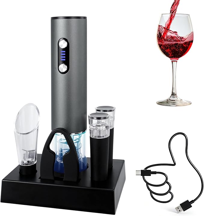 Electric Wine Opener, Automtic Wine Bottle Opener, USB-C Rechargeable Wine Opener Set with Foil Cutter, Wine Aerator Pourer, 2 Vacuum Stoppers and Storage Base