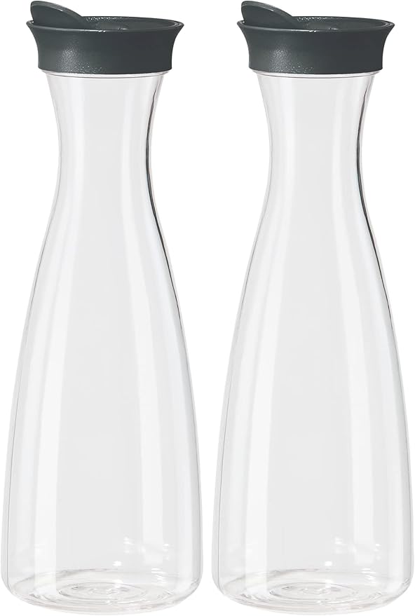 OGGI Clear Carafe w/Flip Open Lid - Ideal Juice Bottle, Clear Pitcher with Lid, Tea Pitcher, Water Carafe, 1.6 Lt(54Oz), Gray (Pack of 2)