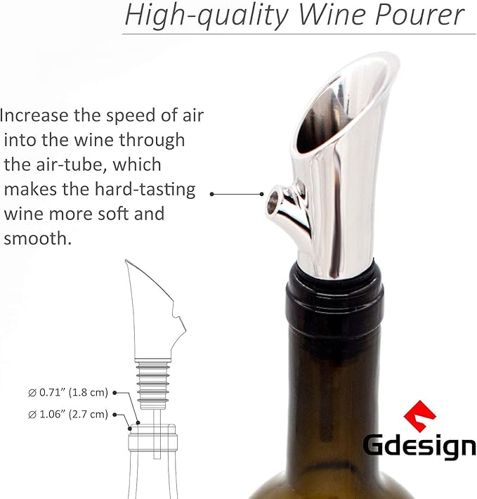 Gdesign Wine Aerator Pourer - Premium 304 Stainless Steel Wine Decanter Spout with Air Tube - No Drip, No Spill Design - Instant Aeration for Enhanced Flavor - Perfect Wine Gift Set for Enthusiasts