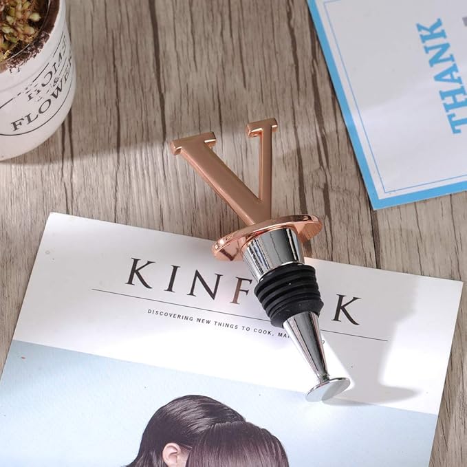 Miicol Prosecco Stopper, Rose Gold Initial Wine Stopper, Personalised Champagne Gift, Funny Kitchen Decor, Letter V