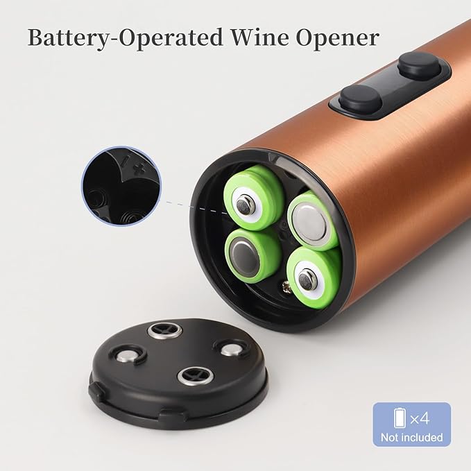 Battery Operated Electric Wine Opener by ELMWAY - Stainless Steel Electric Corkscrew with LED Light & Foil Cutter, Simple Push-Button Operation for Wine Lover (Rose Gold, 4 x AA Not Included)