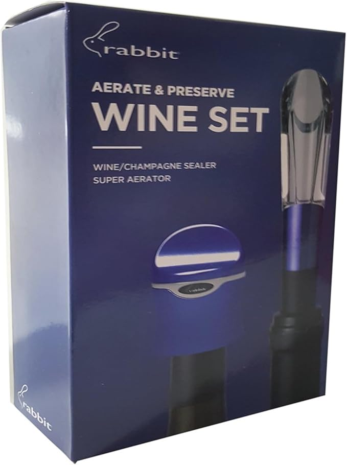 Rabbit Aerate and Preserve Wine Set, Wine/Champagne Sealer and Super Aerator (Blue), Standard