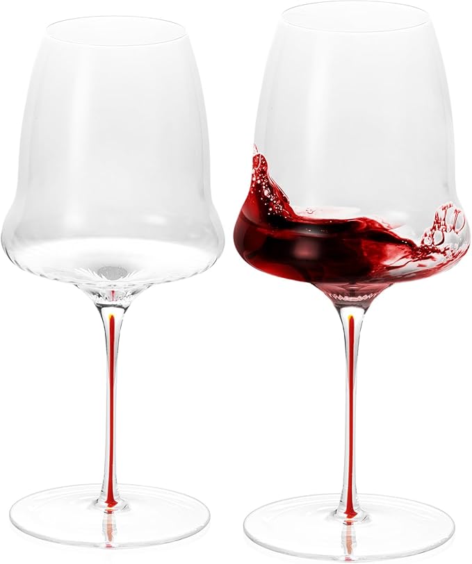 KAMMAK Wine Glasses Set of 2, 24.69 oz Hand Blown Crystal Bordeaux Wine Glasses, Thin Rim & Long Stem, Perfect for Red & White, Daily Use, Wedding or Birthday Gift with Gift Box, Clouds Red