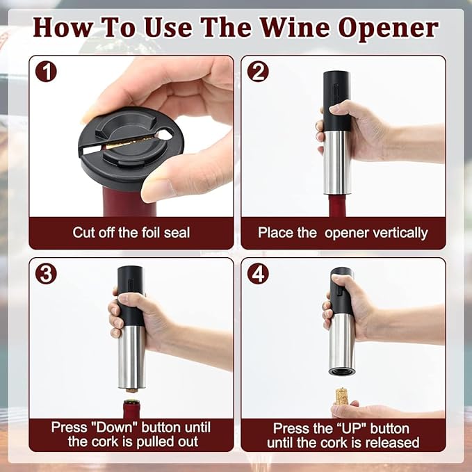 Electric Wine Opener Battery Operated, Automatic Electric Wine Bottle Opener with 2 in 1 Wine Stopper and Portable Corkscrew Foil Cutter, Wine Gifts