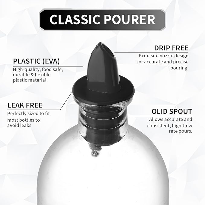 Plastic Liquor Bottle Pourers Black- 12 Pack Classic Bottle Pourers for Alcohol, Leak-Proof, Dishwasher-Safe Pour Spouts for Liquor Bottles (black)