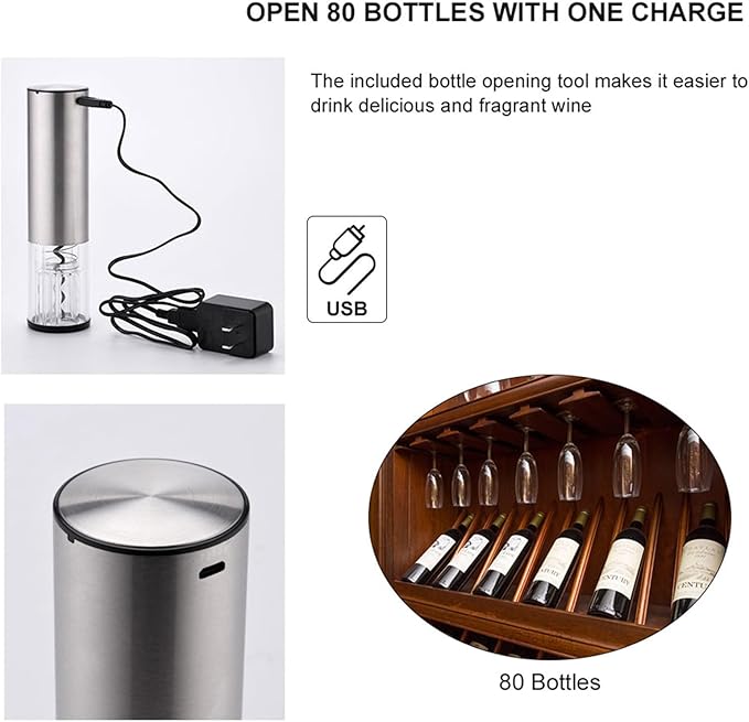 Electric Wine Opener, Rechargeable Operated Automatic Wine Bottle Opener Portable Electric Corkscrew Wine Opener Wine Accessories for Wine Lovers Family Gatherings Holiday Parties(Silver)