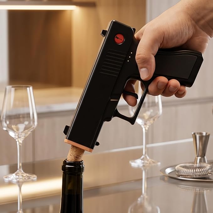 Electric Gun Wine Corkscrew Bottle Opener - Rechargeable Holster Base Cordless Battery - Automatically Open Wines Multifunctional Electronic Cork Puller - Guns Enthusiasts Gift & Vino Lovers (Black)