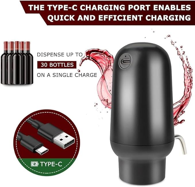 Electric Wine Aerator Wine Pump Dispenser for Wine Bottles Elegant Stainless Steel Design, Rechargeable Gift for Wine Lovers.