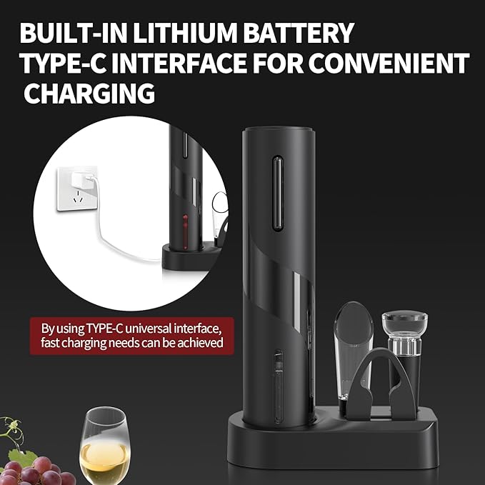 Electric Bottle Opener 5-in-1 ElectricWine Bottle Opener with Rechargeable Storage Base, Foil Cutter, Wine Pour& Wine Stopper
