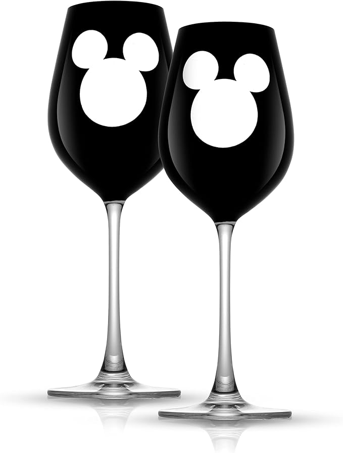 JoyJolt Disney Luxury Mickey Mouse Stemmed White Wine Glasses. European Crystal Wine Glasses Set of 2 Drinking Glasses. Xmas Disney Stuff, Gifts and Cups. 16oz Black Wine Glass, Disney Wine Glass