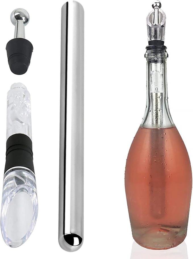 Wine Chiller Stick, 3 in 1 Wine Cooler Stick with Wine Pourer Stainless Steel Red Wine Bottle Cooler Chiller Stick Container Freezer for Evening Picnic, Party, Celebration Gifts Champagne Chiller