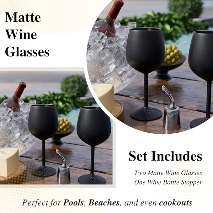 Mother’s Day Gift for Mom – Set of 2 Black Stainless Steel Wine Glasses, 17oz Engraved Goblets with Bottle Stopper, Unbreakable Elegant Wine Cups, Gift for Women, Wife, Mom, Sister