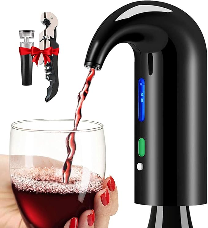 Electric Wine Aerator Dispenser Opener - Portable Accessory - Red & White Wines, Touch Activated Aeration For Wine and Spirit - Beginner and Enthusiast - Spout Pourer - Wine Gifts (BLACK)