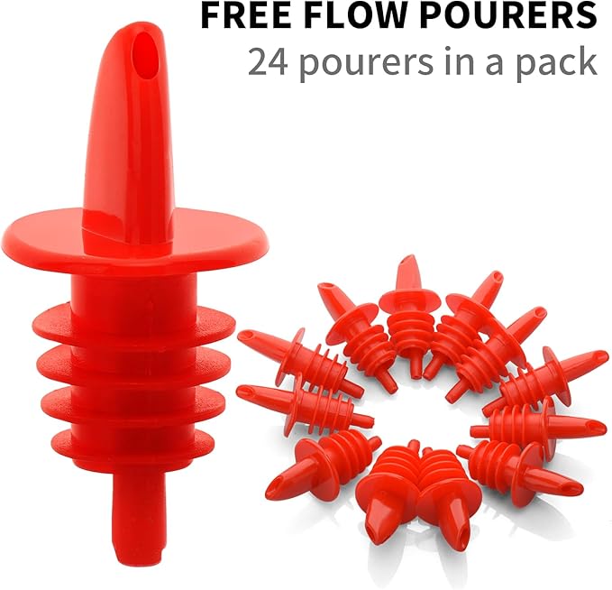 Plastic Liquor Bottle Pourers 24 Pack Classic Bottle Pourers for Alcohol, Leak-Proof, Dishwasher-Safe Pour Spouts for Liquor Bottles (Red)