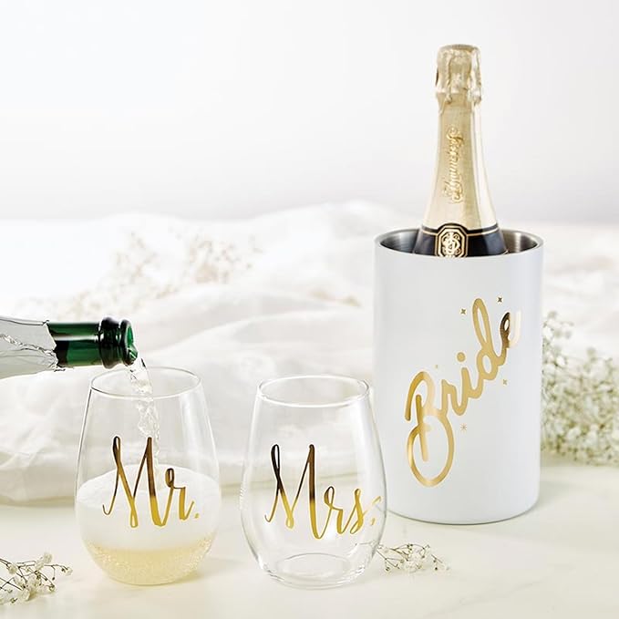 Slant Collections Wedding Gift Wine Chiller Insulated Stainless Steel Wine Bottle Cooler Holder, 7.6" H, Gold Foil Bride