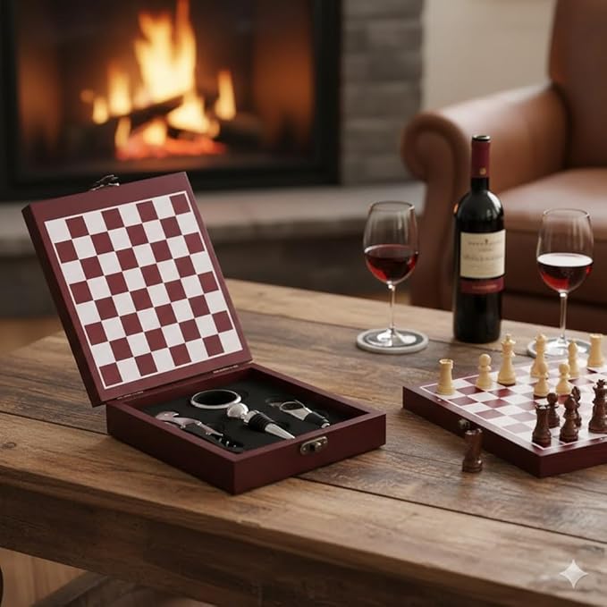 Wine Gift Set with Chess Board – Wine Accessories Kit for Men & Women, Corkscrew, Stopper & Pourer Included, Unique Gift for Wine Lovers, Birthday, Anniversary, Housewarming